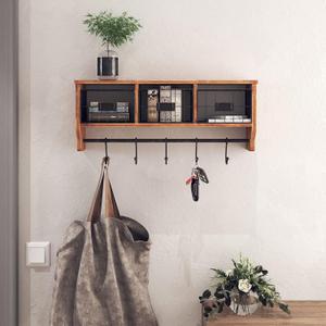 HBCY Creations Wall Mounted Shelf with Coat Hooks and Baskets, Solid Wood Entryway Organizer Wall Shelf with Hooks - Hang Coats, Keys or Coffee Mugs, Rustic Brown 24" Wide (24 Inch)