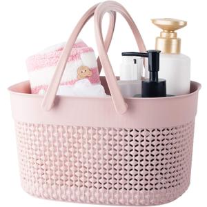 rejomiik Portable Shower Caddy Basket, Plastic Organizer Storage Tote with Handles Toiletry Bag Bin Box for Bathroom, College Dorm Room Essentials, Kitchen, Camp, Gym, Pink (1 pack)