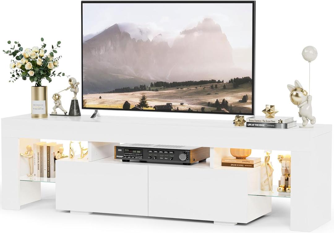 YESHOMY Modern LED TV Stand for Televisions up to 70 Inch with Glass Shelves and Drawer, Gaming Entertainment Center with Multiple Dynamic RGB Modes, for Livingroom, Bedroom, 60 Inch, White (17" Height)
