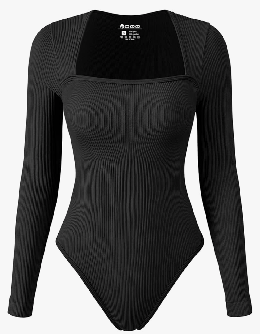 OQQ Women's Bodysuits Sexy Ribbed Square Neck Long Sleeve Tummy Control Casual Fall Bodysuits Medium