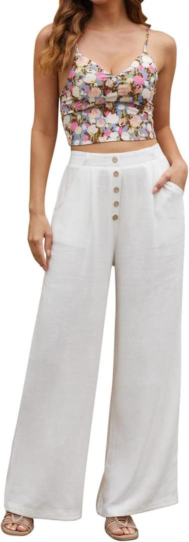 SVALIY Women Flowy Pants Cotton Linen Wide Leg Palazzo Pants Long Lounge Slacks High Waist Button Trousers Pocket (XL)
