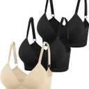 Eleplus 3 Pieces Deep V Wireless Bras for Women Seamless Comfy Bralettes Lightly Lined Multicolors Pack (X-Large, Black+black+beige)