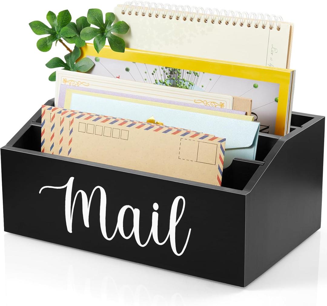 DRASTAR Mail Organizer Countertop, Mail Holder with 4 Slots, Wood Mail Sorter, Bill Organizer for Desk, Mail Storage Organizer for Home Office (Black)