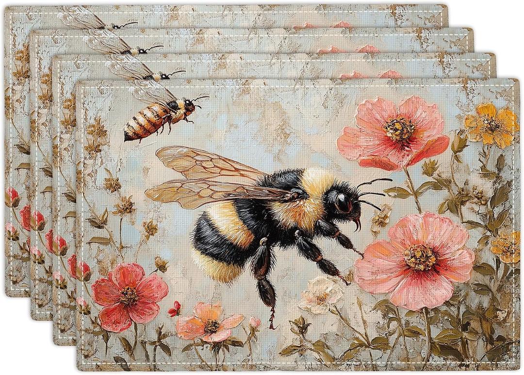 Taimeng Flower Bees Placemats Set of 4, Colourful Table Mats Washable Place Mats for Farmhouse Home Party Kitchen Dining Indoor Outdoor Restaurants 12x18 Inch