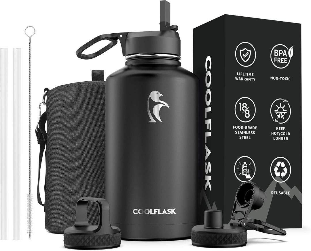 64 oz Water Bottle Insulated with Straw & 3 Lids, Coolflask Large Metal Stainless Steel Water Jug Big Half Gallon Wide Mouth for Sports, Gym or Office, Non-BPA Keep Cold 48H Hot 24H, Magic Black