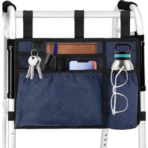 Walker Bag Basket with Cup Holder for Folding Walker Accessories for Seniors Elderly, Handicap, Foldable & Water Resistant Walker Storage Bags with Big Capacity - Dark Blue