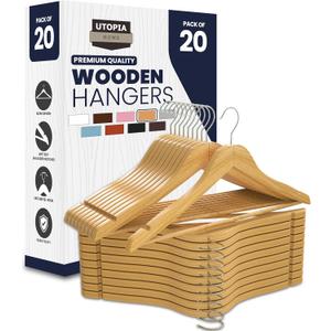 Utopia Home Premium Wooden Hangers 20 Pack - Heavy Duty & Durable Coat Hanger - Wood Hanger with 360-Degree Rotatable Hook - Clothes Hangers with Non-Slip Shoulder Notches For Shirts & Coats (Natural)