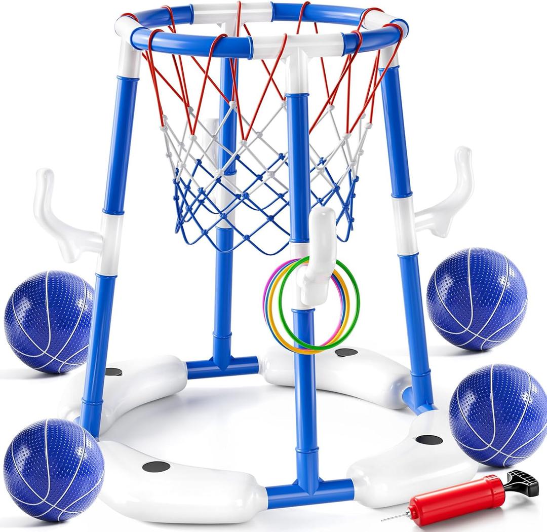 JUKUDAHU Pool Basketball Hoop, Boy Pool Toys for Kids Ages 4-8, 2-in-1 Floating Pool Ring Game with 4 Balls and Pump, Outdoor Swimming Water Play Toy, Summer Water Toys for Kids Adults Age 3-12