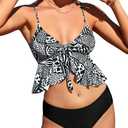 Cute Floral Tie-Front Tankini for Women&Teen Girls, Ruffle Top and Mid-Rise Bottom Two Piece, for Beach Vacation (Large, Black and White)