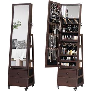 Rotating Standing Jewelry Cabinet with Lockable,Full Length Mirror with Storage Large Capacity Jewelry Organizer Armoire Floor Mirror with Back Storage Shelves for Bedroom Christmas Gifts Brown (63*16)