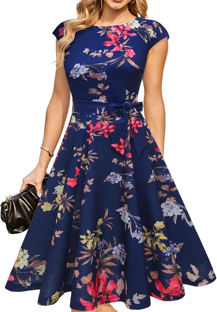 DRESSTELLS Women's Cocktail Dresses, Formal Wedding Guest Modest Church Vintage Tea Party Midi Evening Dress (L)