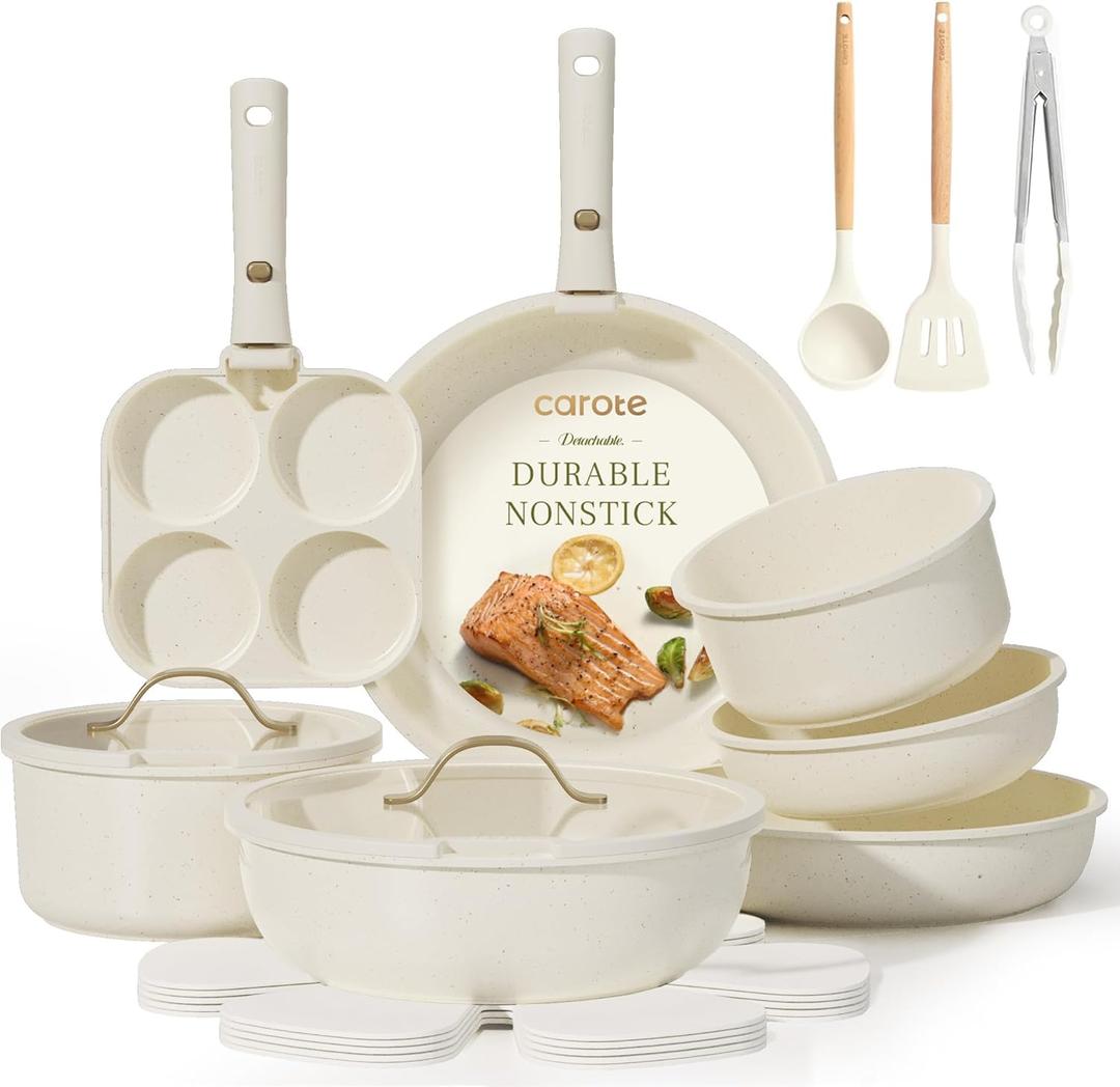 CAROTE 19pcs Pots and Pans Set Non Stick, Cookware Set with Detachable Handle, Kitchen Cookware Sets with Removable Handle, RV Cookware Set, Oven Safe, Cream White
