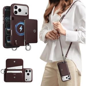 MAGEASY Compatible with iPhone 17 Pro Max 6.9" Wallet Case with Crossbody Strap - Compatible with MagSafe Detachable Coin Purse & Card Slot, Leather Lanyard, 16ft Drop Protection | Pouch M (Burgundy)