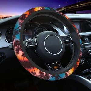 Palm Trees Sunset Beach Tropical Hawaii Steering Wheel Cover Car Accessories Cute for Women Girls Girly Universal 15 Inch Neoprene Auto Interior Decor Anti Slip Car Truck Protector (Black16)