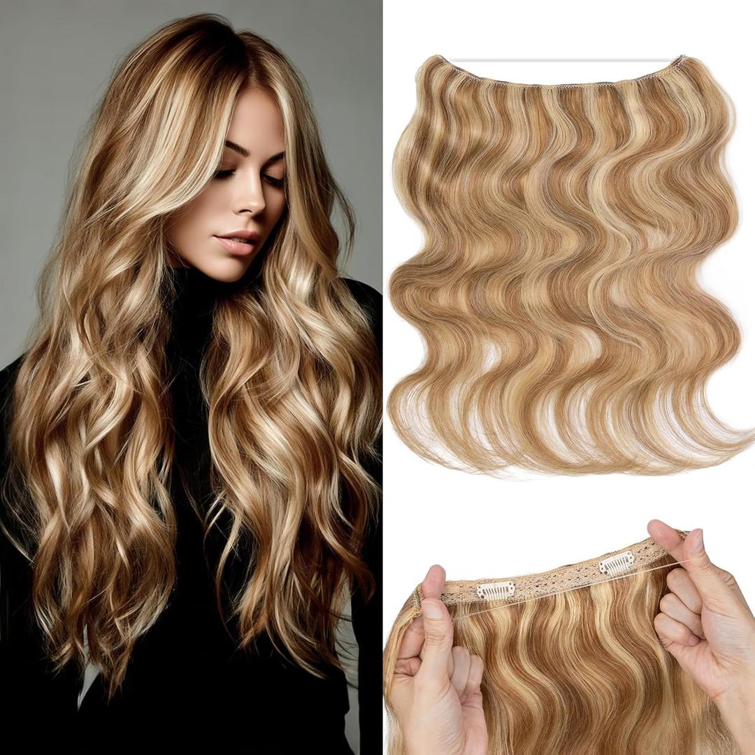 Rich Choices Halo Hair Extensions 100% Real Human Hair Wave Wire In Hair Extensions Human Hair Clip in Human Remy Hair Halo Hair Extension HairPiece 12 Inch #12P613 Golden Brown Mixed Bleach Blonde