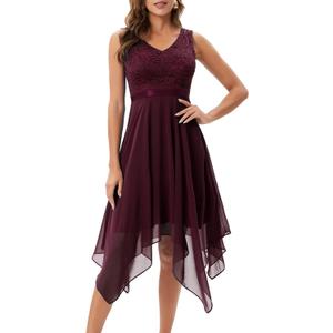 Meetjen Women's Lace Cocktail Party Dress 2025 Handkerchief Hem Bridesmaid Prom Formal Dresses for Wedding Guest (X-Large, Burgundy_chiffon Skirt)