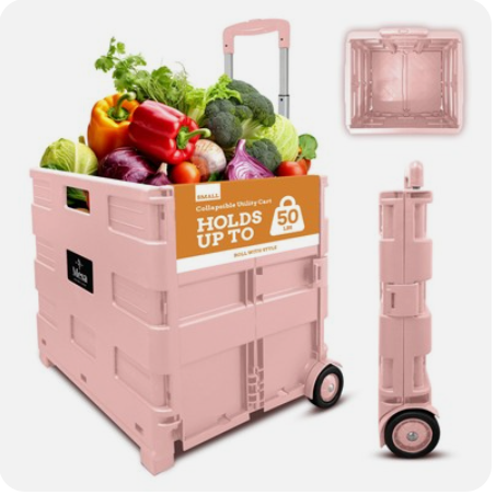 Inspired Living Ultra-Slim Rolling Collapsible Storage Pack-N-Roll Utility-carts, with Telescopic Handle, for Home, Garden, Shopping, Office, School use, Large, Pink
