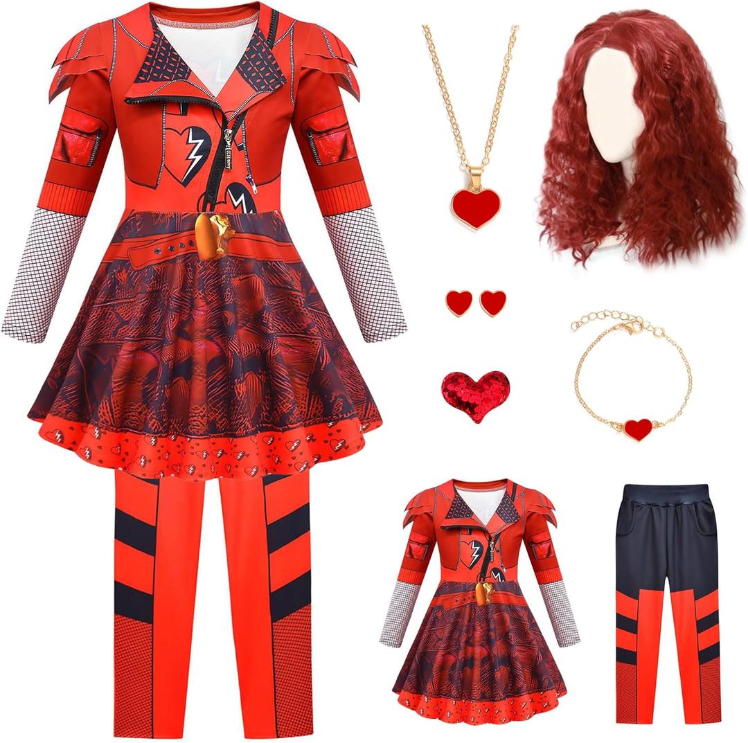 7 Pcs Rise Princess Red Costume for Girls Red Party Dress Outfit Set with Wig (11-12 Years)