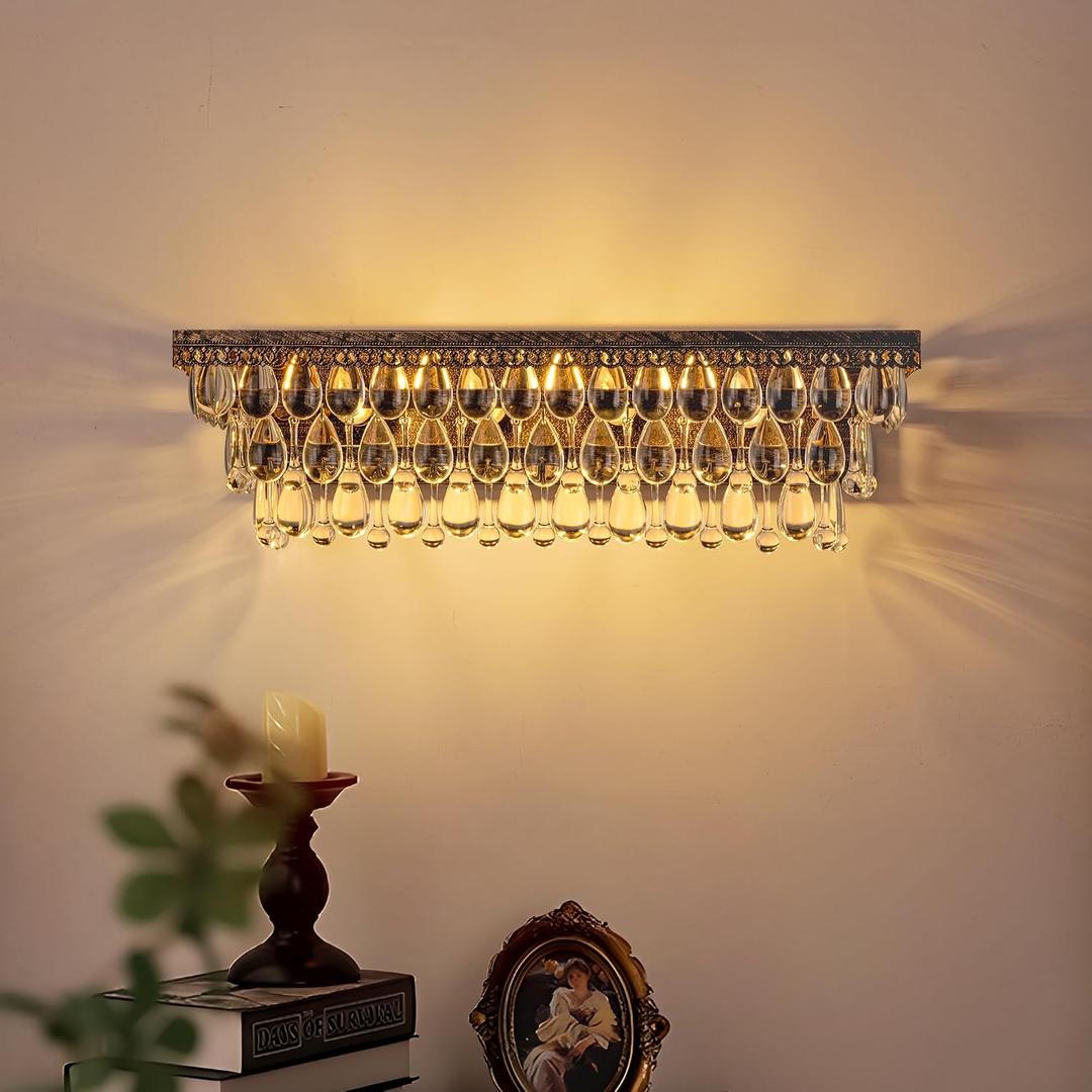 Wellmet Bathroom Vanity Light Fixtures Over Mirror 4 Lights Antique Bronze Crystal Bathroom Wall Light Fixtures Dimmable, Farmhouse Vintage Sconces for Mirror Cabinets, Powder Room, Bedroom, 24 L
