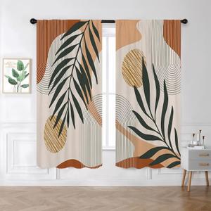 Bohemian Mid Century Boho Window Curtains 2 Panels Rod Pocket Palm Leaf Abstract Modern Bedroom Curtains Nature Arch Window Drapes Treatment Living Dining Room Home Decor 42W X 63L Inches