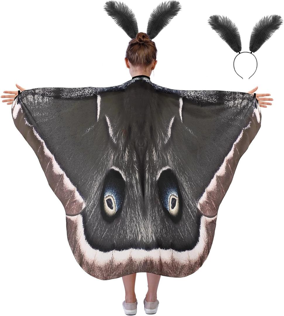 Xtinmee Kid Moth Butterfly Wing Cape Costume Moth Shawl Wing Headband Feather Girl Dress up for Halloween Party (Grey)