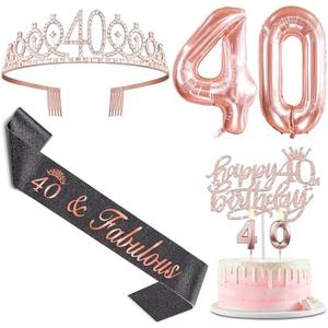 40th Birthday Decorations Women with Black 40th Birthday Sash, Cake Topper and Candles, Number Balloons Rose Gold, 40 Year Old Gifts for Women