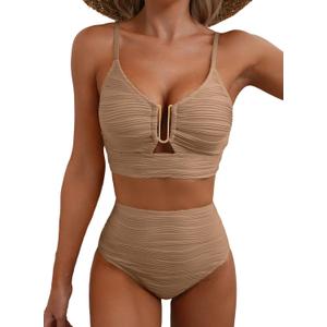 Herseas Womens High Waisted Bikini Sets Ribbed 2 Piece V Neck Swim Bathing Suit U-Wired Push Up Slimming Swimsuits Teen Girls Cruise Essentials Dark Brown, Large