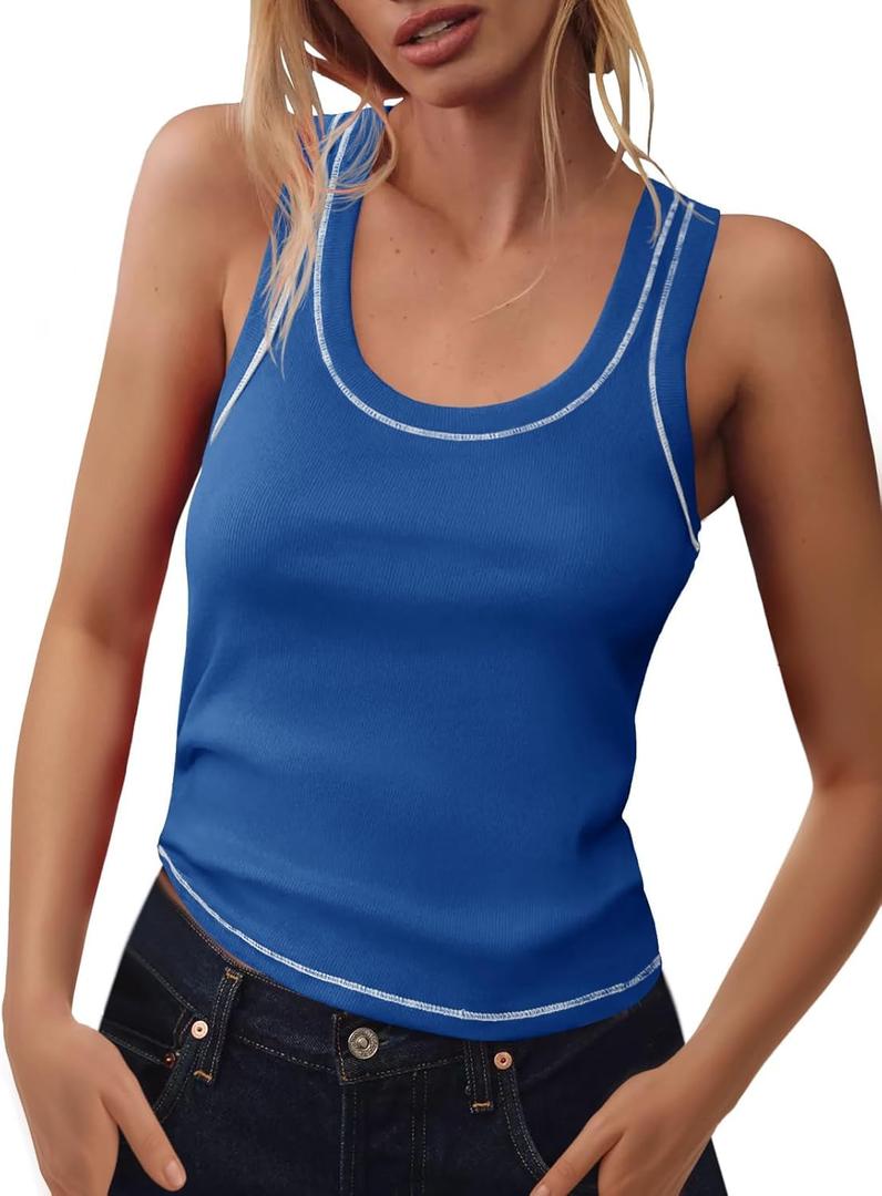 Tankaneo Womens Summer Ribbed Tank Top Casual Ringer Scoop Neck Sleeveless Knit Fitted Tops Going Out Tee Shirts (Large, Blue)