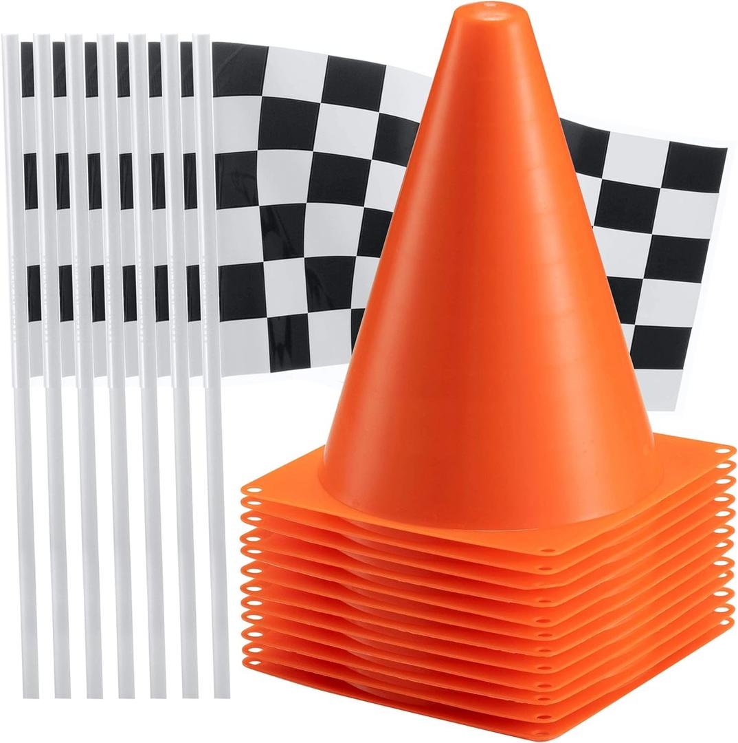 Bedwina Race Car Birthday Party Decorations - (36 Pcs) 12 - 8-Inch Orange Mini Cones for Kids & 24 Black & White Checkered Flags on Sticks - Race Car Themed Birthday Party Decor & Centerpiece Supplies