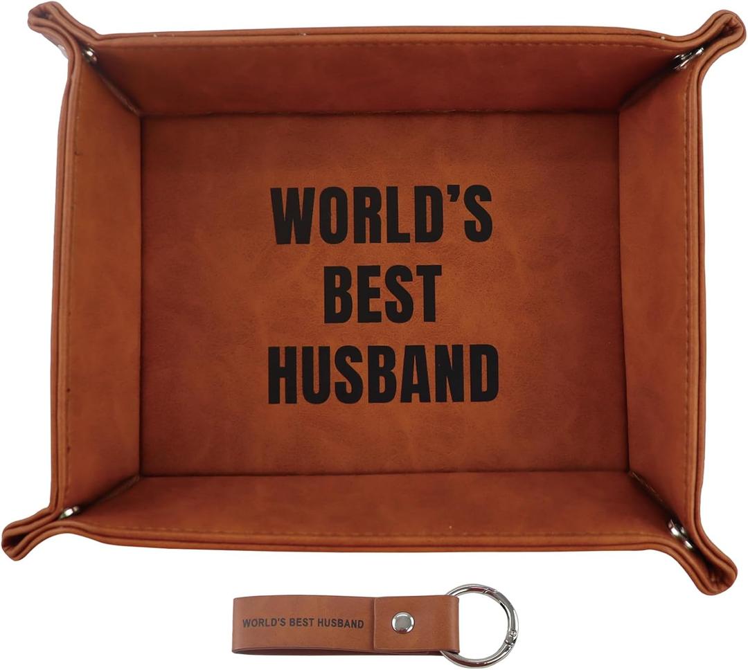 Fathers Day Presents for World's Best Husband from Wife, Funny Personalized Anniversary Birthday Gift for Men Him, Unique Cool PU Leather Valet Tray and Keychain Romantic Gift Ideas for Valentines Day