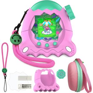 JCHPINE Hard Case and Silicone Cover for Tamagotchi Paradise Electronic Pet, Protective Cases for Tamagotchi Paradise with Screen Protector and Lanyard (Pink)