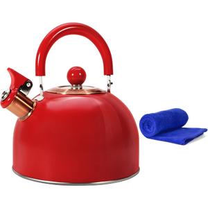 Tea Kettle,Whistling Tea Kettle Stovetop 2.6 Quart, Tea Pots for Stove Top Food Grade Stainless Steel,Wood Pattern Handle,Christmas Gift(Red),With Anti Scald Towel