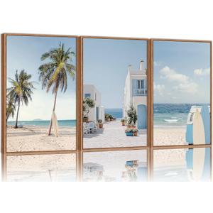 Rantodecor Beach Themed Framed Canvas Wall Art, Palm Tree Surfboard Van Wall Decor, Nordic Blue and White House Art Painting, Modern Relaxing Seascape Artwork for Bedroom Living Room Office 16"x24"x3, 24"x16"