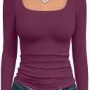 Trendy Queen Womens Long Sleeve Shirts Crop Tops Fall Fashion Solid Square Neck Going Out Basics Tees Y2k Clothes (X-Small, Mulberry)