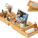 Bathtub Caddy Tray for Tub,Foldable Bath Table Trays,Bamboo Shelf with Book and Wine Glass Holder,Bathroom Accessories Suitable for Luxury Spa or Reading,Natural
