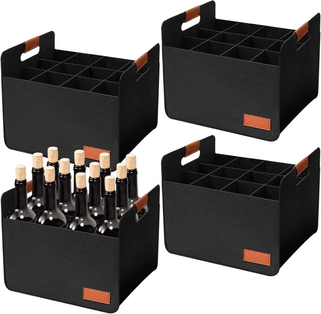 Windyun 8 Pcs 12 Bottle Wine Bottle Boxes for Moving Wine Carrier Tote with Reinforced Cardboard Set 14.5''x12.6''x10.63'' Reusable Felt Tote Bag with Handles Collapsible Ratafia Packing (Black)