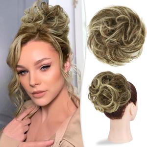 RUWISS Large Messy Bun Hair Piece 100% Human Hair Layered Wavy Curly Hair Buns Hair Piece for Women Updo Hairpiece for Daily Wear Real Hair Scrunchies Ponytail Extension (4T613-Brown Blonde Mixed)
