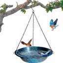 Hanging Bird Bath for Outdoors 11.4 inch Birdbath Bowl Window Birds Feeder with Rust-Proof Black Chains Hooks Metal Hanging BirdBaths Hanging Bird-Feeder for Garden Backyard Decor Blueblack