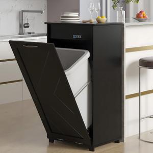 VECELO Tilt Out Kitchen Trash Bin Cabinet, Dog Proof Garbage Can with Wood Holder Free Standing Recycling, Black