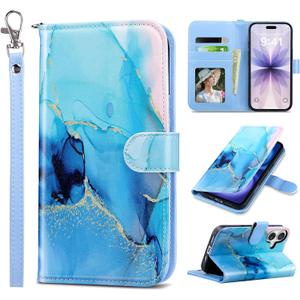 ULAK Compatible with iPhone 17 Wallet Case [RFID Blocking], Women PU Leather Shockproof Protective Folio Flip Cover with Card Holder Kickstand for iPhone17 6.3 inch 2025, Marble Blue