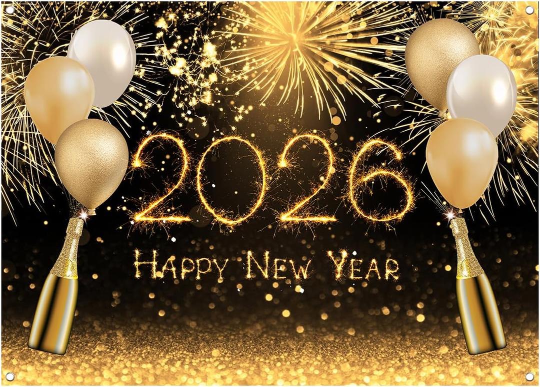 WOLADA 2026 Happy New Year Photography Backdrop Golden Fireworks Balloons Champagne Glitter Background for New Year Eve Party Photo Booth Decor 82.68x59.06 Inches 12389