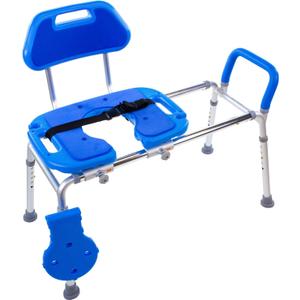 Platinum Health Sliding Shower Chair HydroGlyde Premium Heavy Duty, Padded Bathtub Transfer Bench with Cut Out Seat, for Bath Tub, Adjustable Legs, and Safety Belt, Quick Tool-Less Assembly, Blue