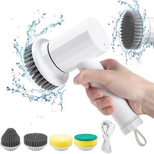 Electric Spin Scrubber Cordless Power Cleaning Brush with 4 Replaceable Brush Heads 2 Adjustable Speeds for Bathroom Kitchen Dishes Tub Sink Tile Window Floor Grout, White