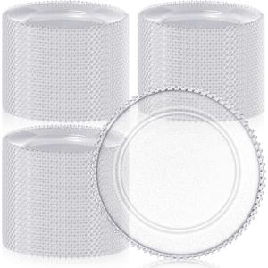 Hoolerry 100 Pack Clear Charger Plates Bulk 13 Inch Acrylic Round Dinner Charger Plates Beaded Frosted Grain Dinner Decorative Dishes for Wedding Party Events Home Kitchen Tabletop, (Clear,Beads)