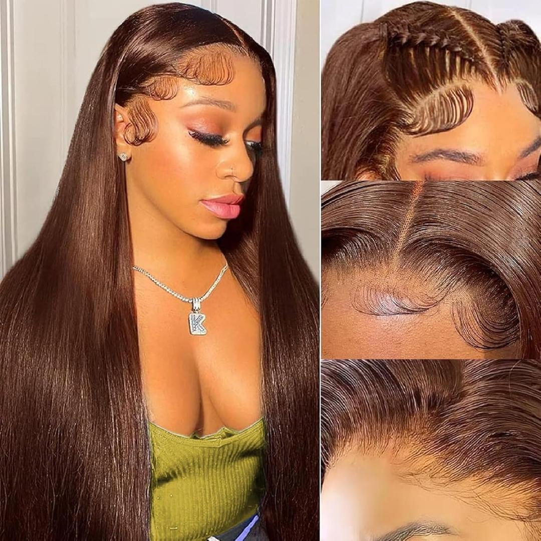 SOPSFR 13x6 Lace Front Wigs Human Hair 200 Density Chocolate Brown Straight Wigs Human Hair With Baby Around Natural Hairline 4# Brown Wig 28 Inch