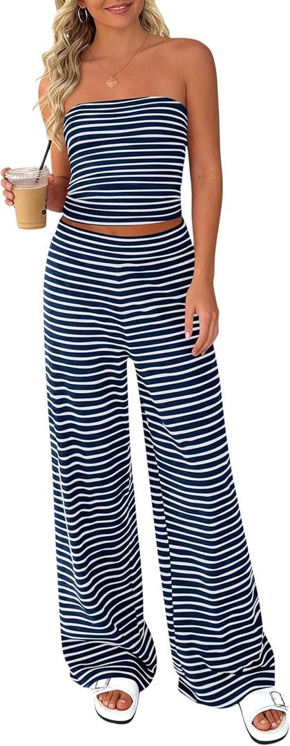 PRETTYGARDEN Two Piece Striped Sets for Women Summer Travel Outfits 2026 Spring Y2K Going Out Vacation Clothes Loungewear (L)