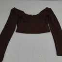 QINSEN Women's Long Sleeve V Neck T Shirts Double Lined Crop Top Seamed Cup Going Out Tops (Small, Coffee Bean)