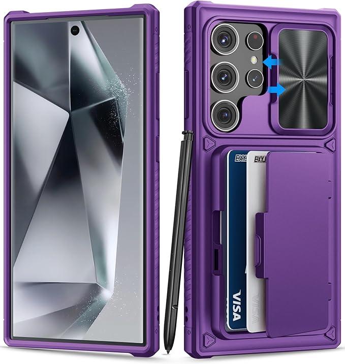 Tongate for Samsung Galaxy S24 Ultra Case with Card Holder (4-5 Cards) & Kickstand & Slide Lens Cover, Military Grade Protection, Women Rugged Silicone Wallet Case for Galaxy S24 Ultra 2024, Dark Purple