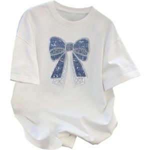 RoseSeek Women's Beaded Sequin Bowknot T Shirt Short Sleeve Crew Neck Embroidery Trendy Tee Y2k Tops White Medium (M)