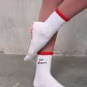 Women's Cute Grip Pilates Socks Non-Slip Crew Yoga Barre Socks with Colored cuff & Embroidery (Red-1 Pack)